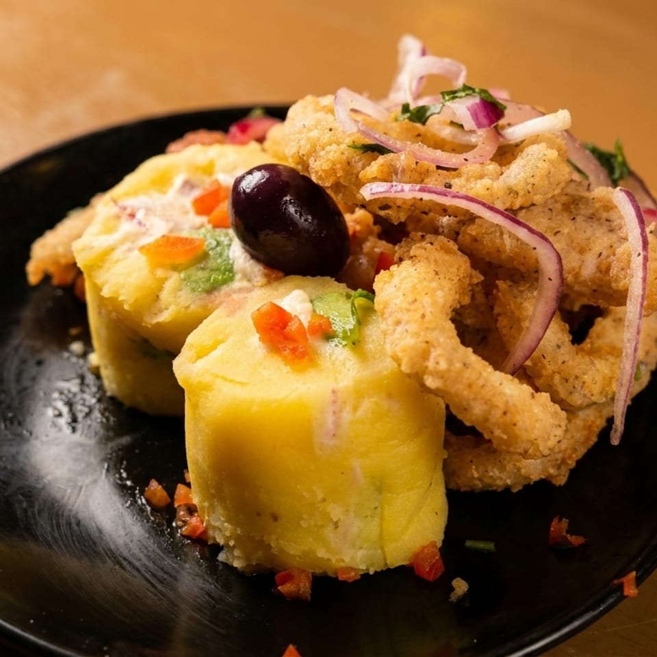 Peruvian causa rellena with fried calamari, red onion, and a black olive on a black plate.