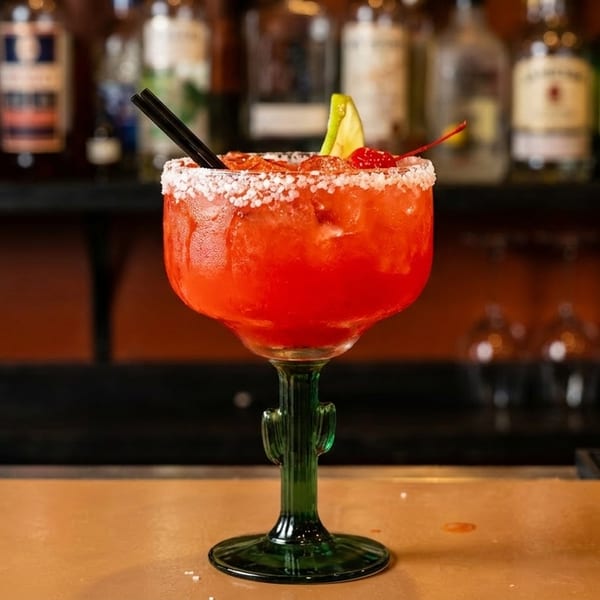 A vibrant red margarita in a cactus-stemmed glass sits on a bar counter with liquor bottles in the background.