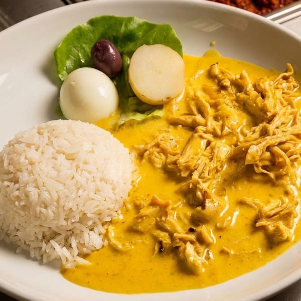 A Peruvian Aji de Gallina dish with shredded chicken in yellow sauce, rice, egg, potato, and olive.