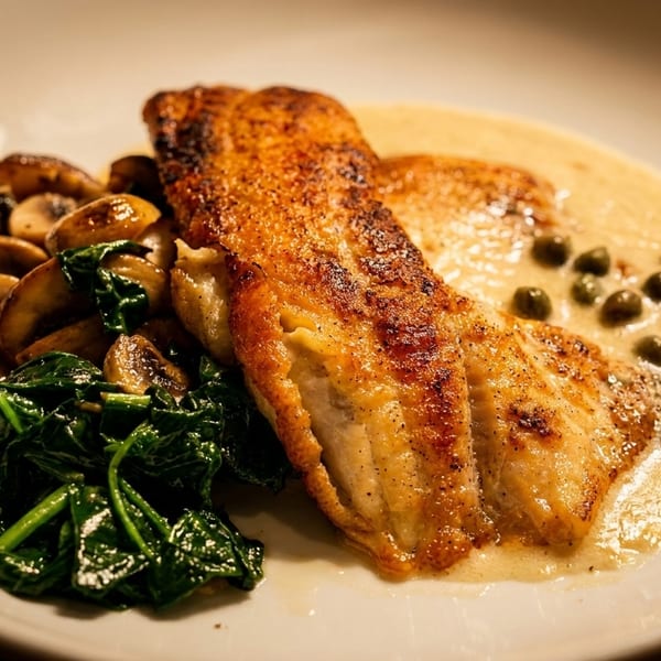 Pan-seared fish with roasted mushrooms, spinach, and a creamy sauce with capers on a white plate.